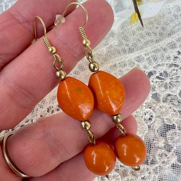 Burnt Orange Bead Dangle Earrings - Picture 2 of 6